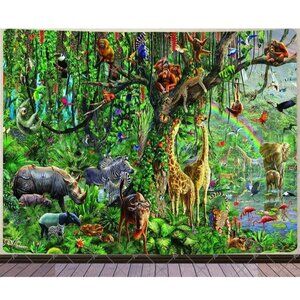 Rainforest Safari Animal Tapestry 80"x60" Jungle Wildlife Wall Art With Giraffe
